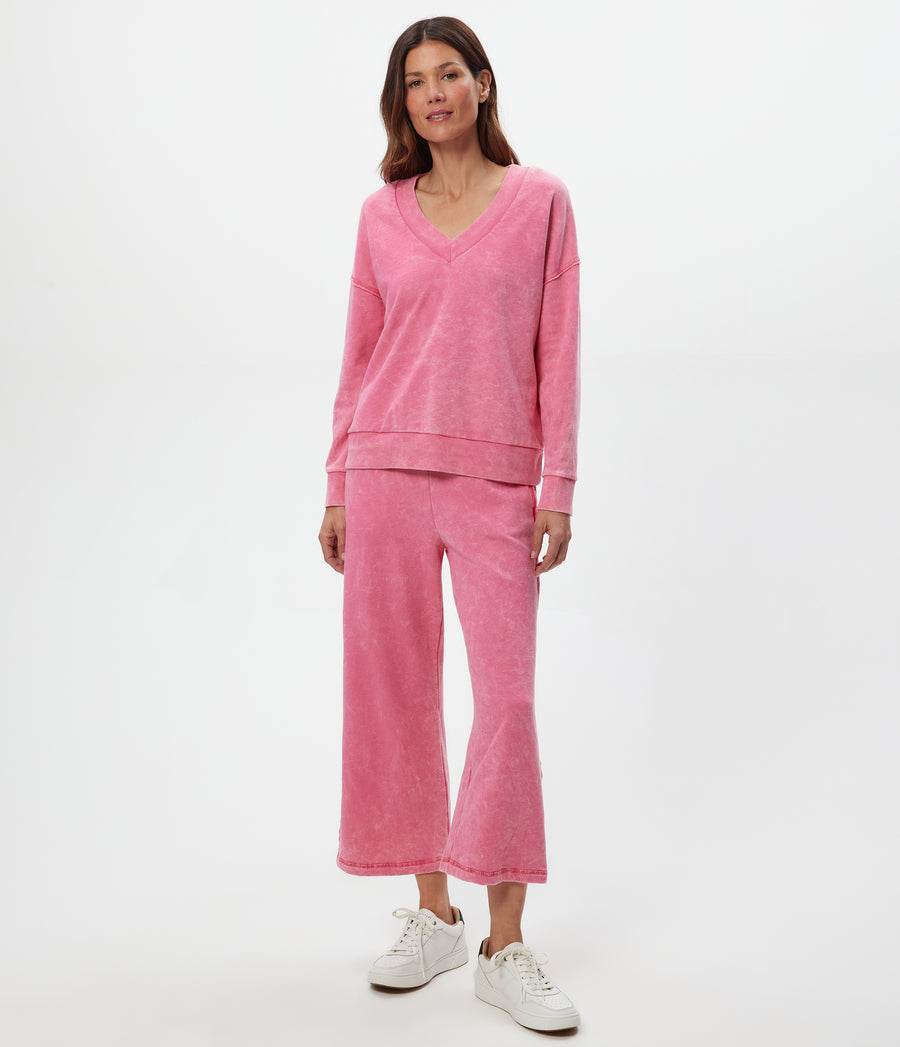 Tibby V-Neck Sweatshirt in DRAGONFRUIT Pink Full Body View #DRAGONFRUIT