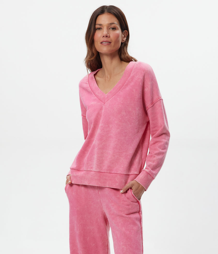 Julia Mineral Wash Pullover in DRAGONFRUIT Pink Side View #DRAGONFRUIT