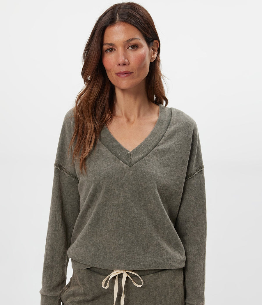 Tibby V-Neck Sweatshirt in CAPER Green Close up View #CAPER