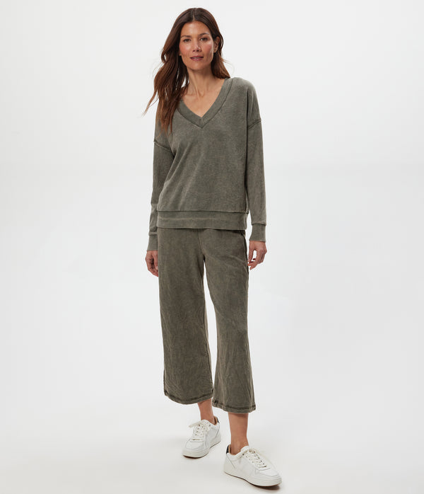 Tibby V-Neck Sweatshirt in CAPER Green Full Body View #CAPER