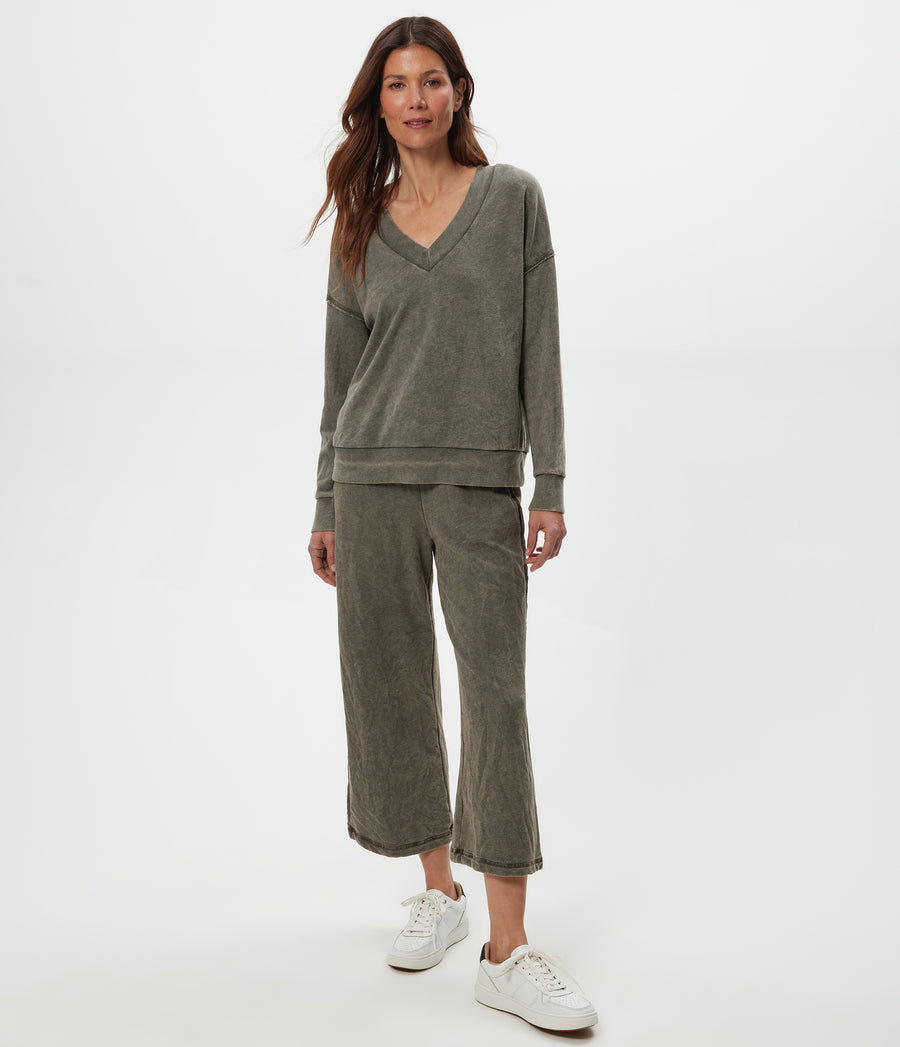 Tibby V-Neck Sweatshirt in CAPER Green Full Body View #CAPER
