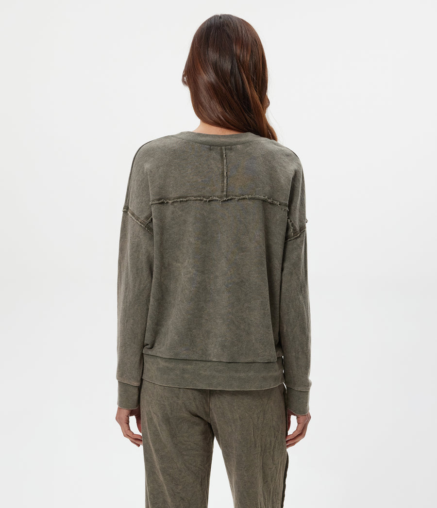 Tibby V-Neck Sweatshirt in CAPER Green Back View #CAPER