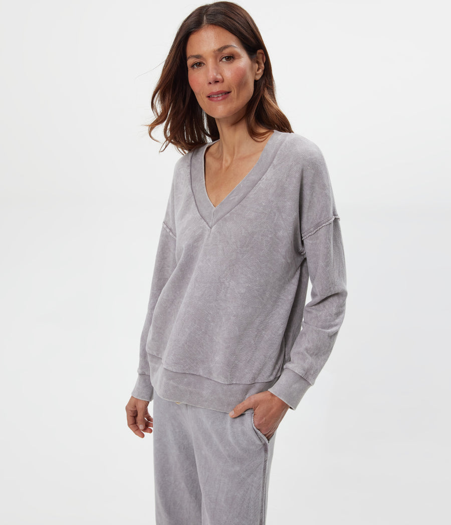 Tibby V-Neck Sweatshirt in ZINC Grey Close Up View #ZINC