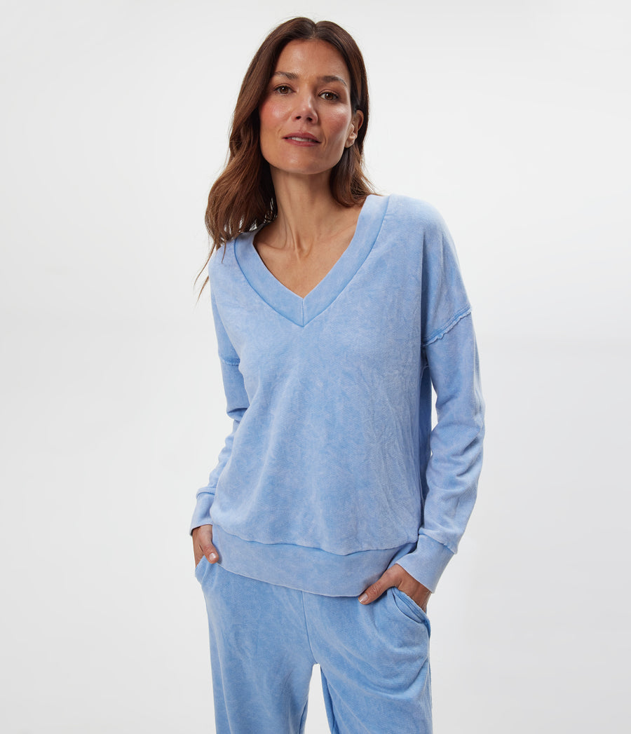 Tibby V-Neck Sweatshirt in SKY Blue Full Body View #SKY