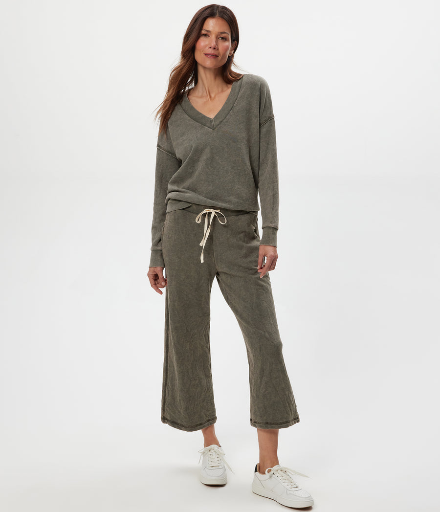 Jaden Mineral Wash Cropped Pant in CAPER Green Close up View #CAPER