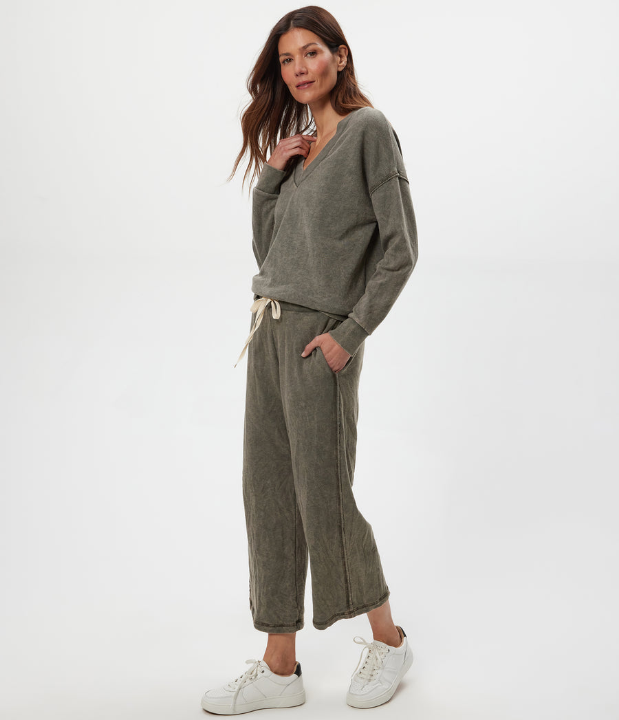 Jaden Mineral Wash Cropped Pant in CAPER  Green Side View #CAPER
