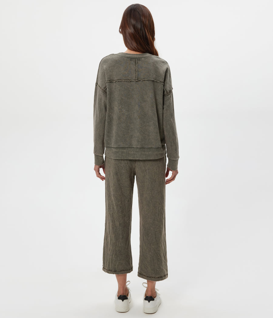 Jaden Mineral Wash Cropped Pant in CAPER Green Back View #CAPER