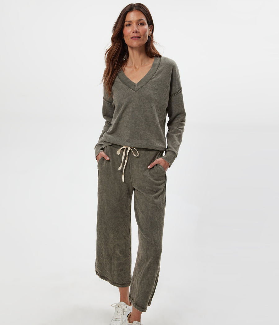 Jaden Mineral Wash Cropped Pant in CAPER Green Full Body View #CAPER