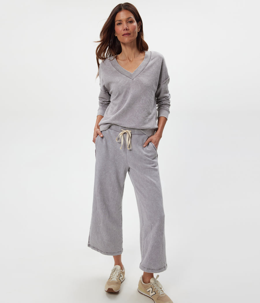 Jaden Mineral Wash Cropped Pant in ZINC Grey Close Up View #ZINC