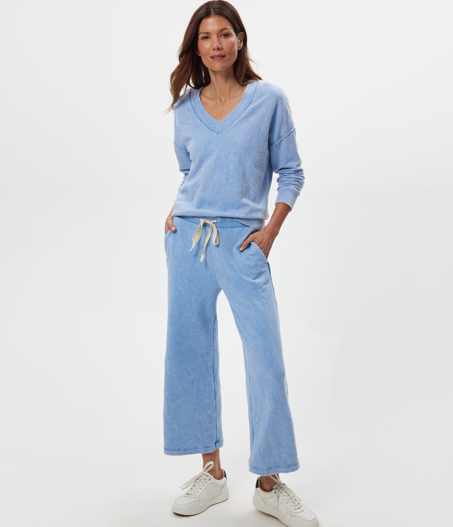 Jaden Mineral Wash Cropped Pant in SKY Blue Close up View #SKY