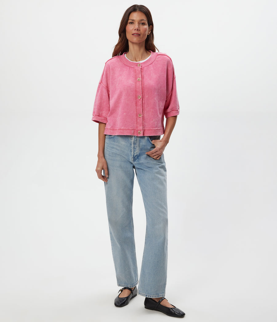 Marlow Mineral Wash Cardigan Full View #DRAGONFRUIT