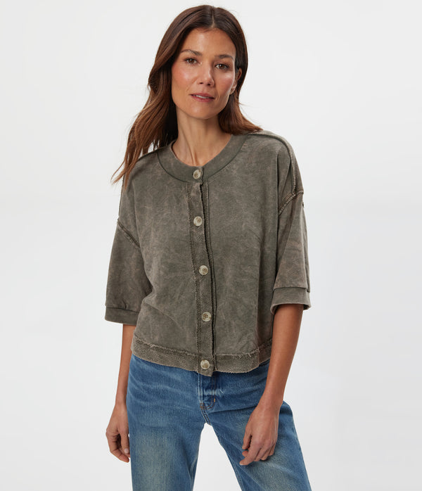 Marlow Mineral Wash Cardigan Front View 2 #CAPER