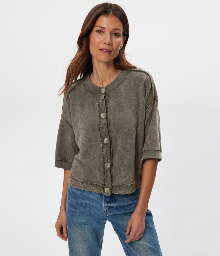Marlow Mineral Wash Cardigan Front View 2 #CAPER