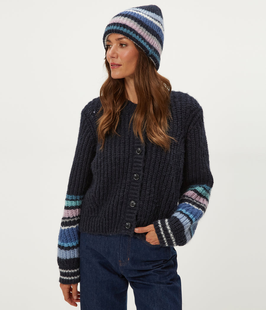Striped Knit Beanie in NOCTURNAL Combo Full Body View #NOCTURNAL COMBO