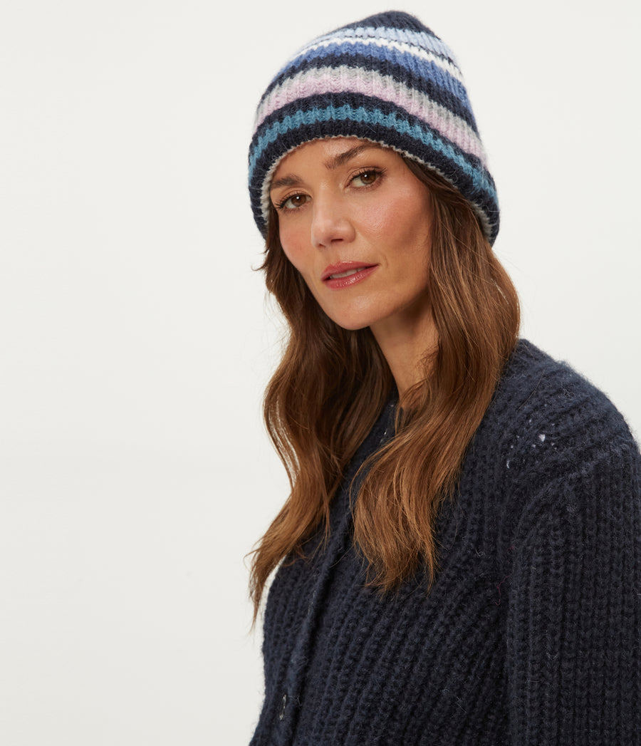 Striped Knit Beanie in NOCTURNAL Combo Close up View #NOCTURNAL COMBO