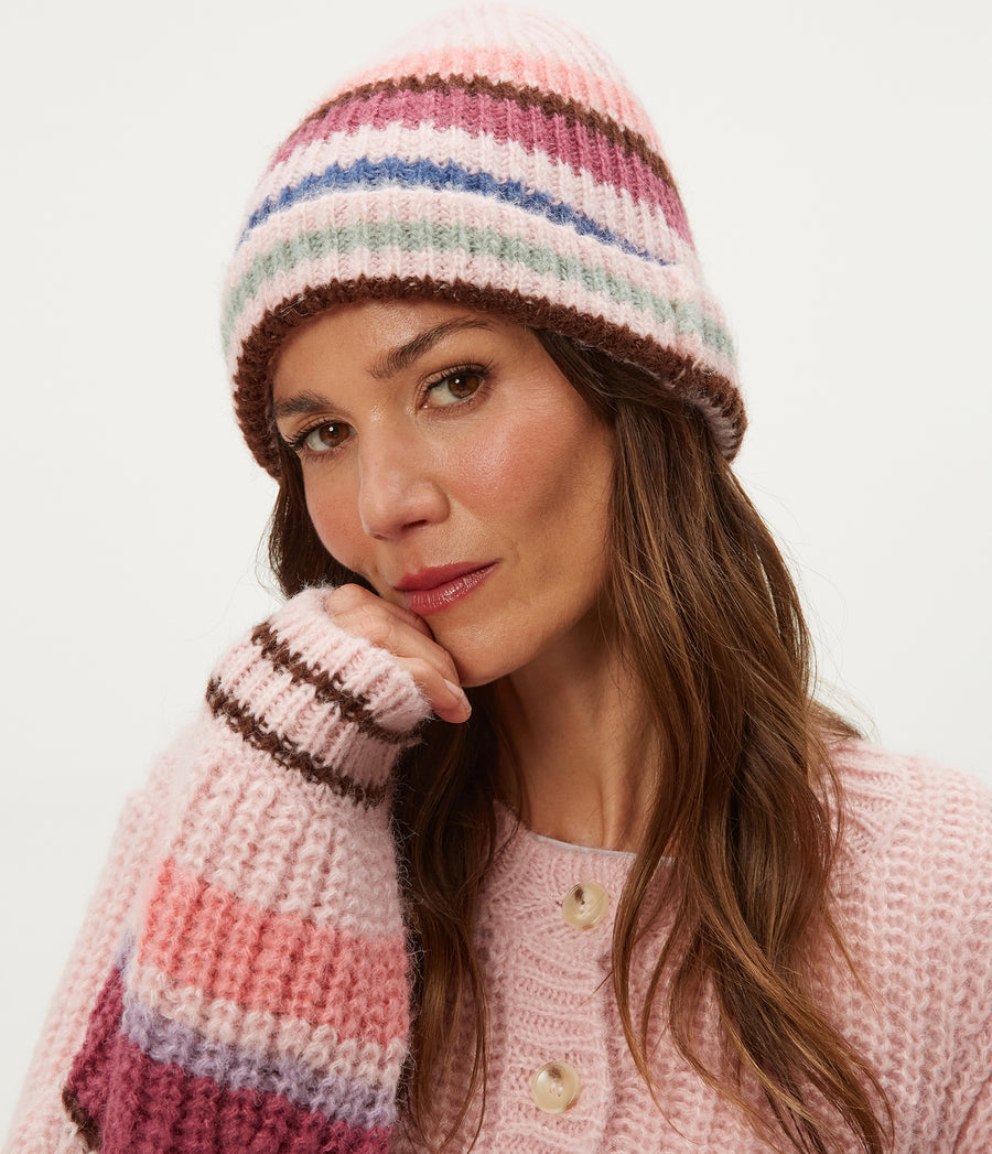 Striped Knit Beanie in Pink Combo Side View #PINK COMBO
