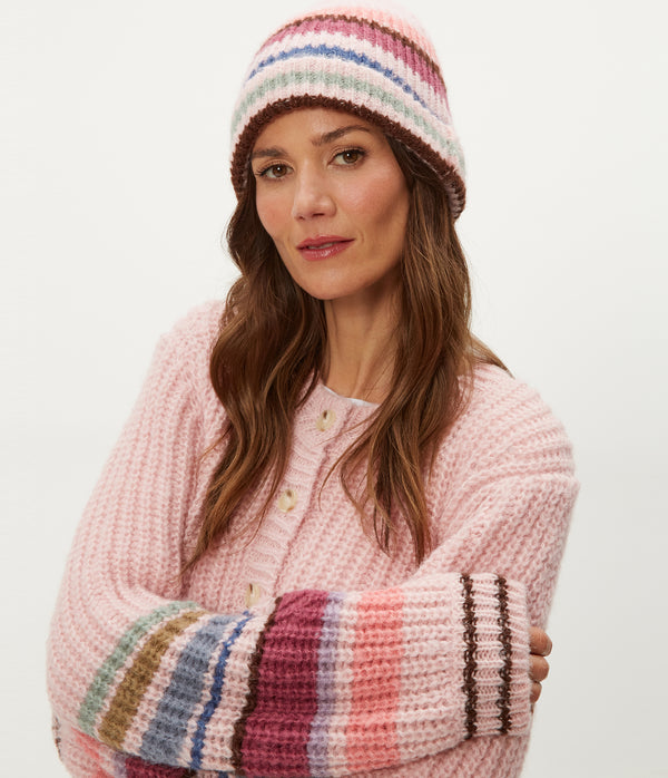 Striped Knit Beanie in Pink Combo Close up View #PINK COMBO