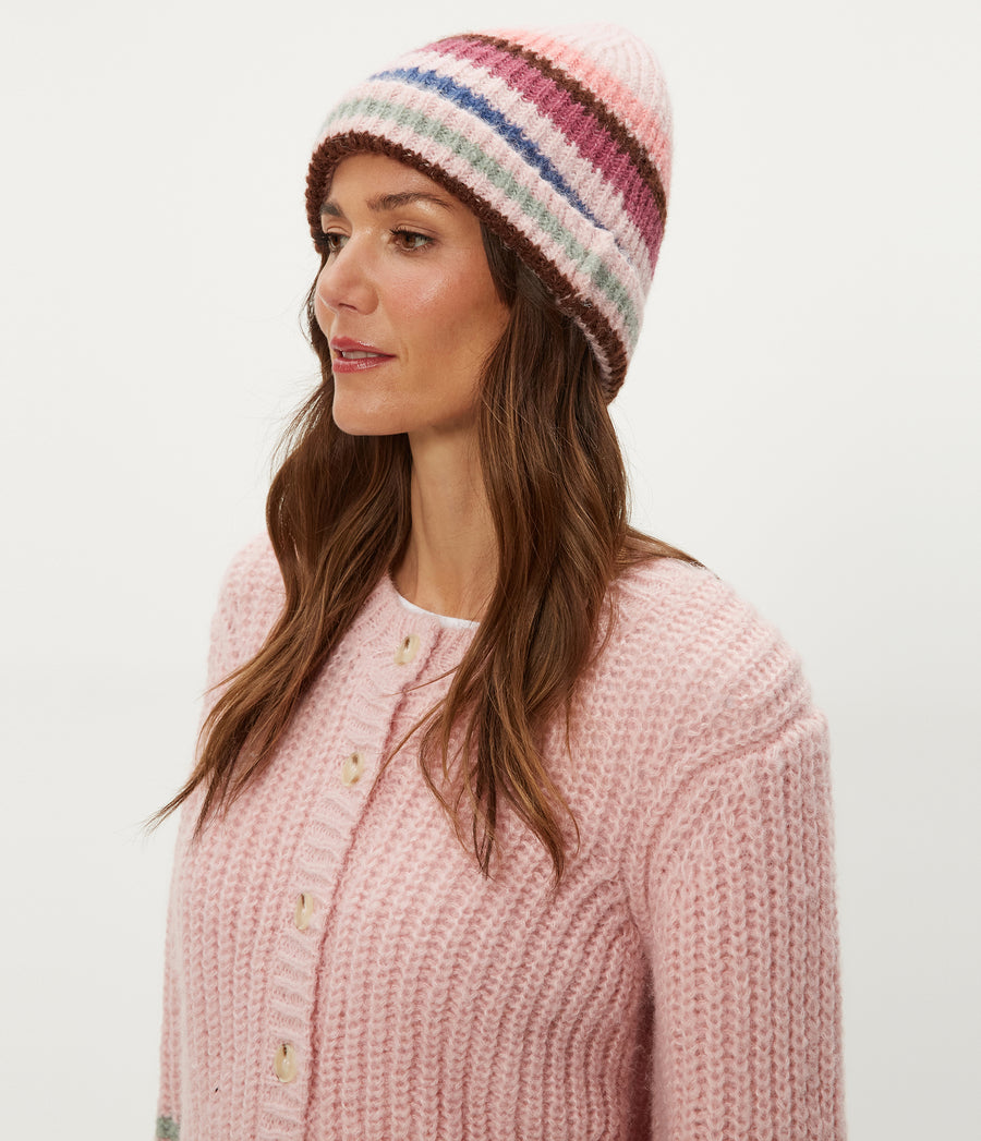 Striped Knit Beanie in Pink Combo Full Body View #PINK COMBO