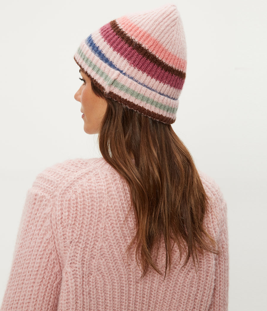 Striped Knit Beanie in Pink Combo Back View #PINK COMBO