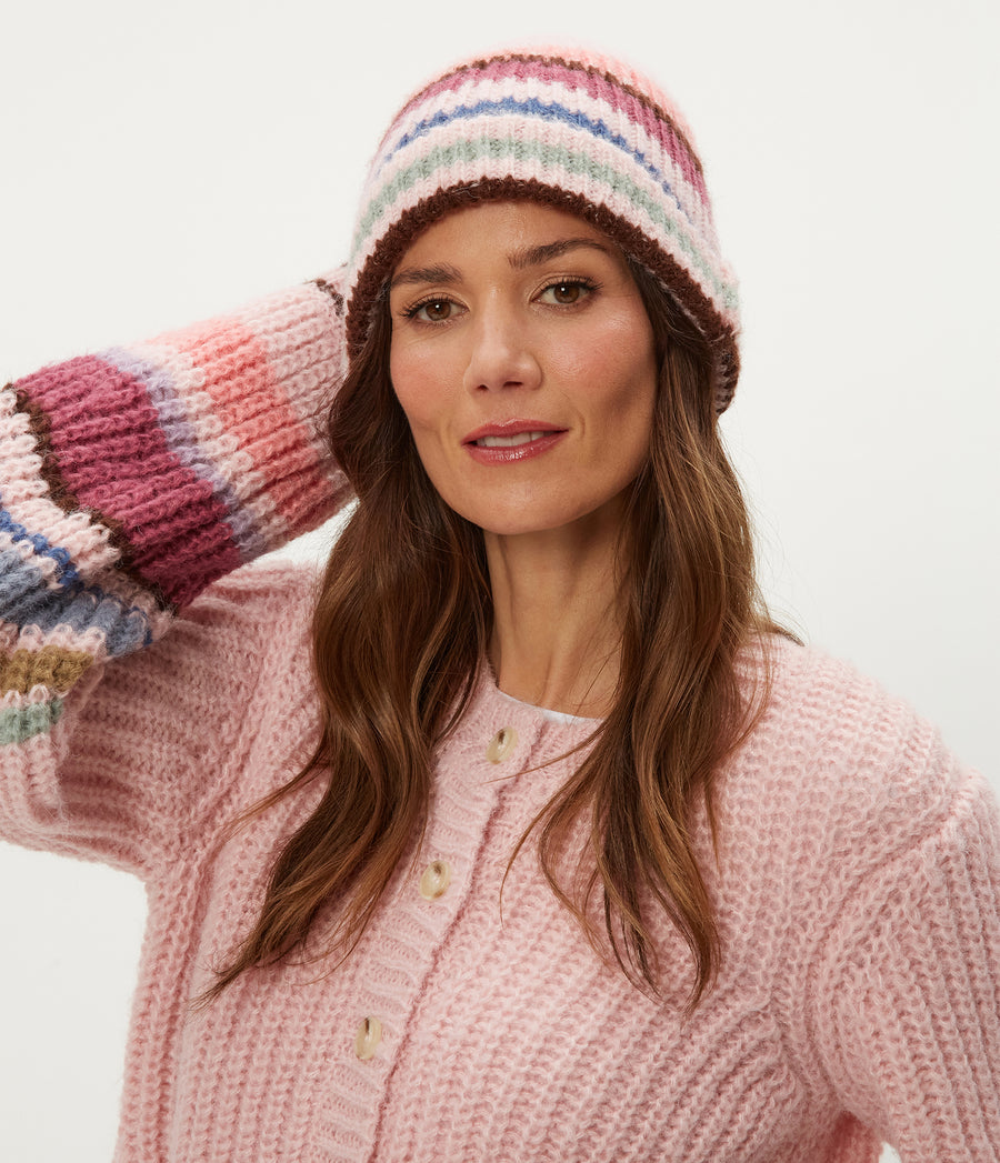 Striped Knit Beanie in Pink Combo Striped Side View #PINK COMBO