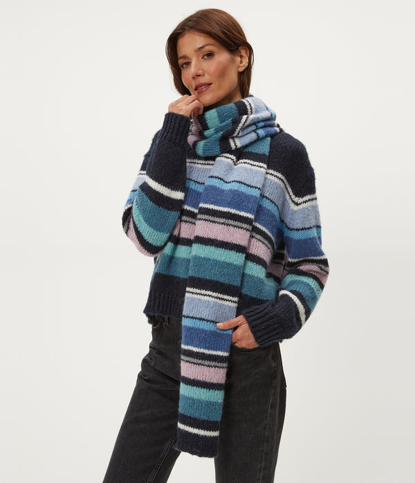 Striped Knit Scarf in NOCTURNAL Combo Full Body View #NOCTURNAL COMBO
