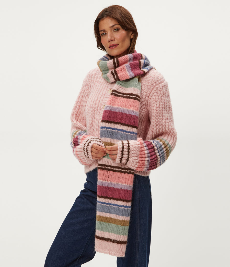 Striped Knit Scarf in Pink Combo Full Body View #PINK COMBO