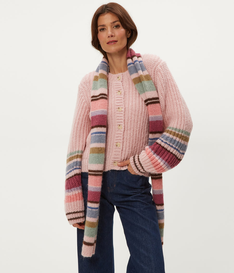 Striped Knit Scarf in Pink Combo Full Body View #PINK COMBO