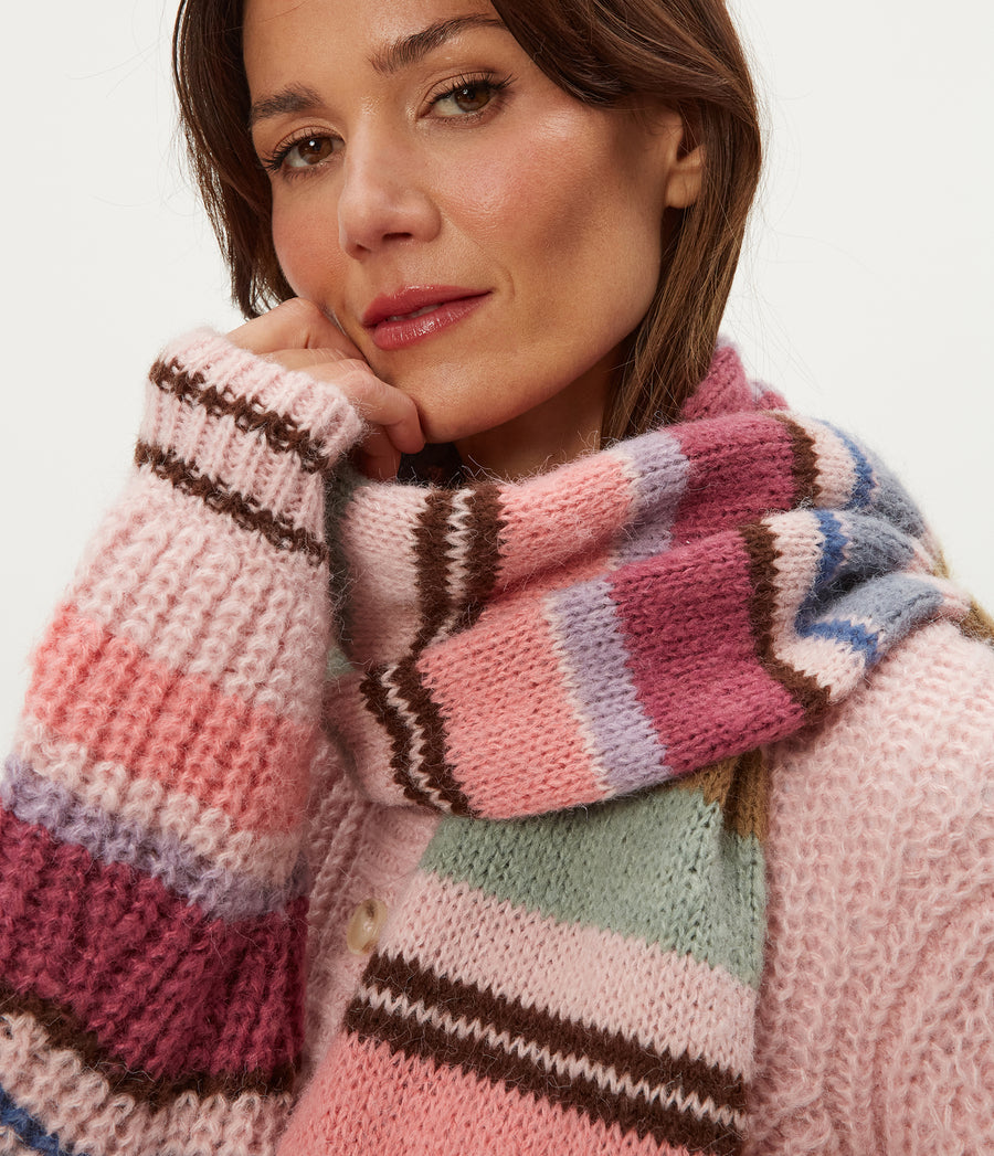 Striped Knit Scarf in Pink Combo Close up View #PINK COMBO