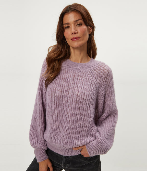 Indra Crewneck Sweater in Amethyst Purple Close up View #AMETHYST