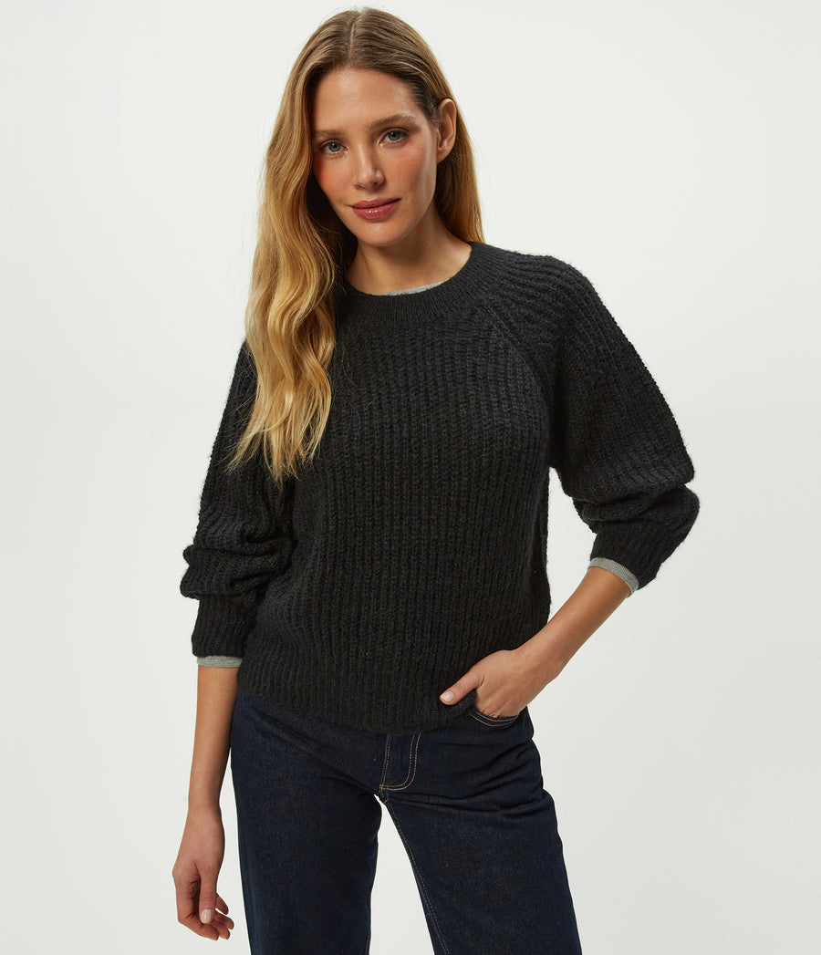 Indra Crewneck Sweater in Black Close up View #BLACK