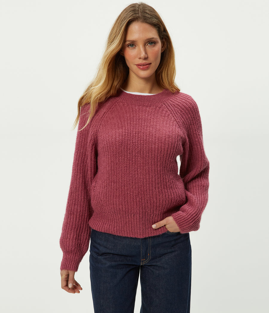 Indra Crewneck Sweater in Baby Plum Purple Close up View #BABY PLUM