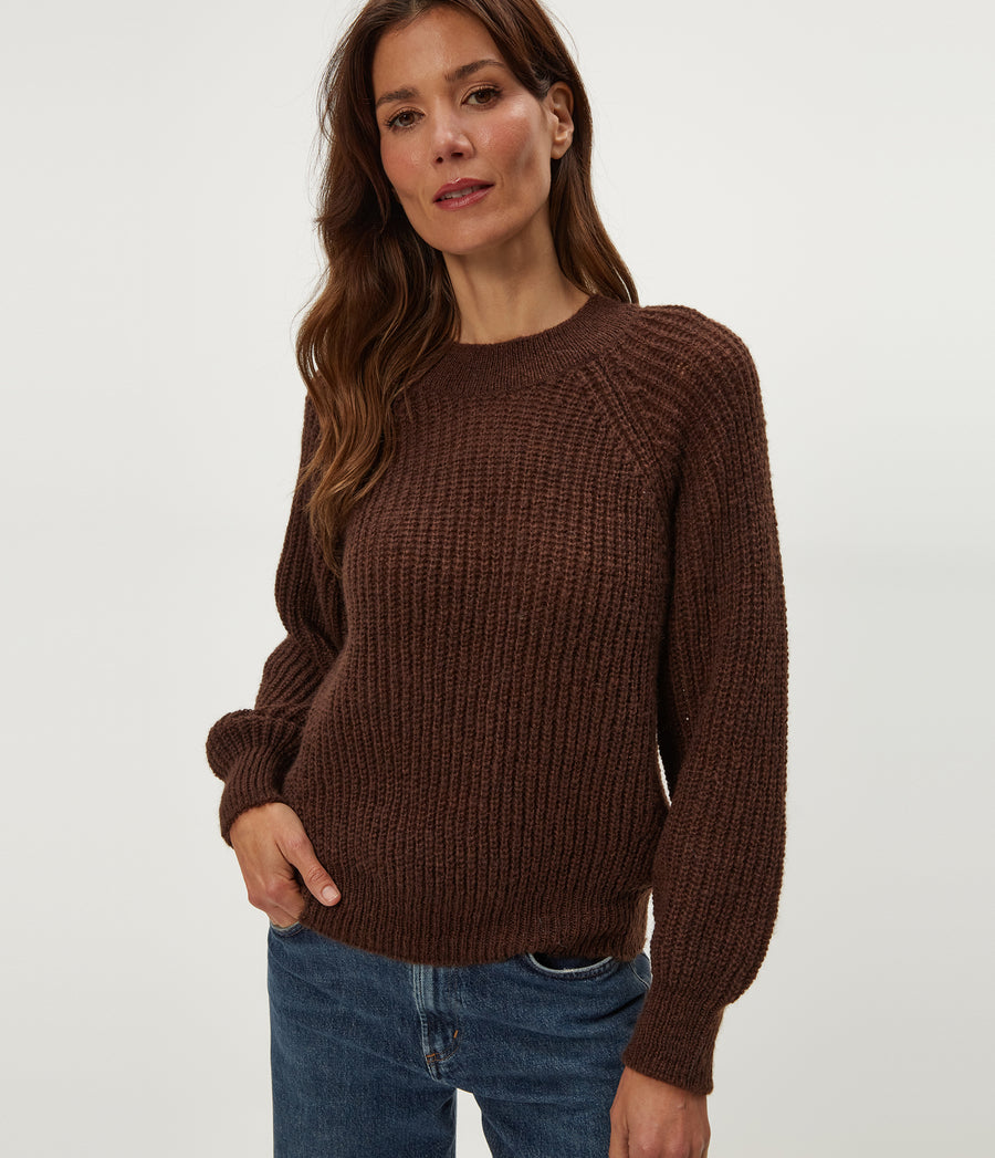 Indra Crewneck Sweater in ESPRESSO Brown Close Up View #ESPRESSO