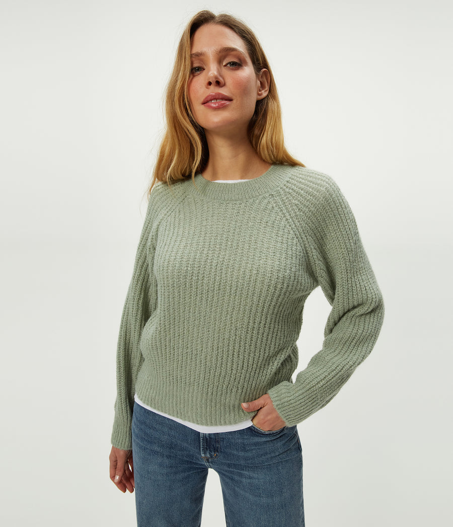 Indra Crewneck Sweater in Sage Green Close up View #SAGE