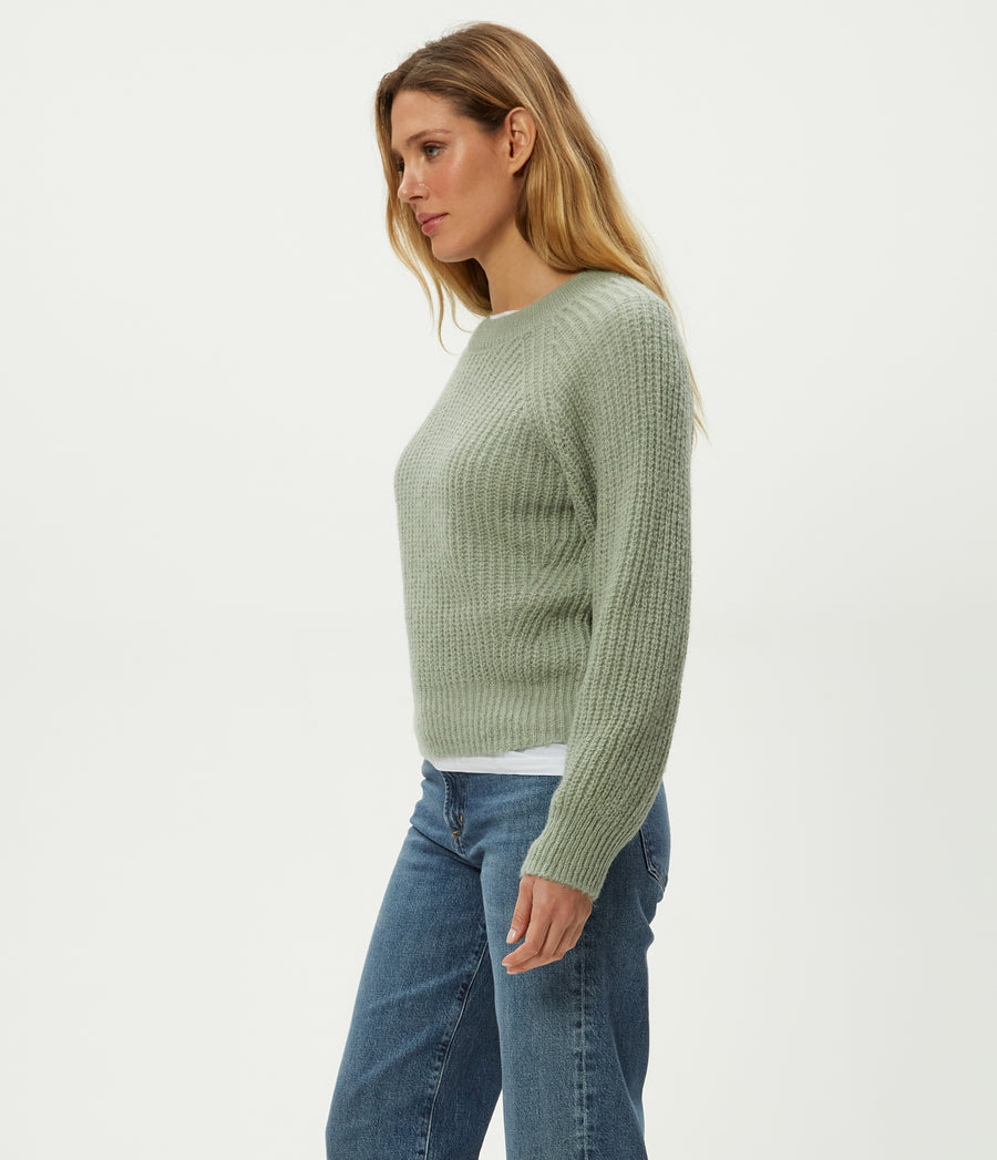Indra Crewneck Sweater in Sage Green Side View #SAGE