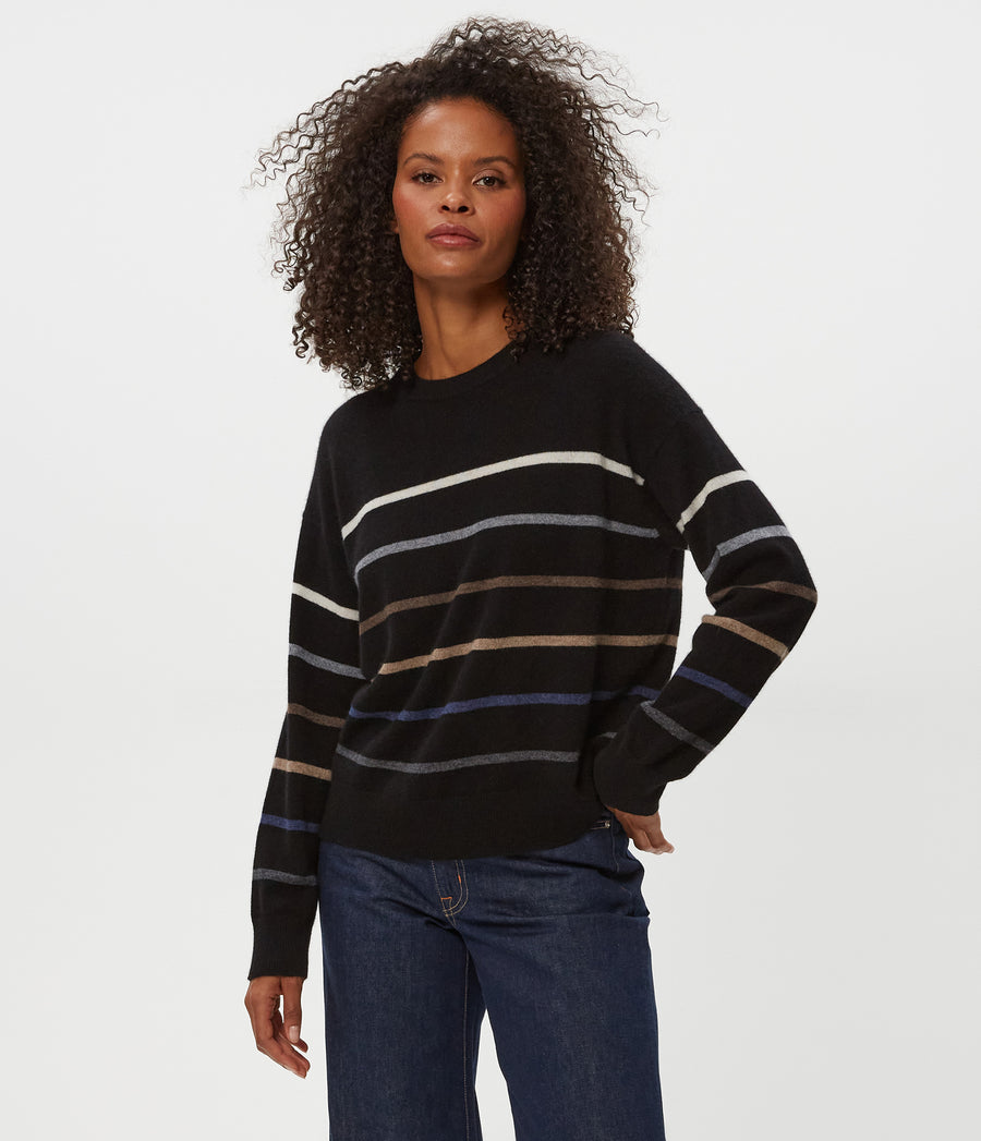 Celeste Striped Crewneck Cashmere Sweater in Black Close up View #BLACK MULTI