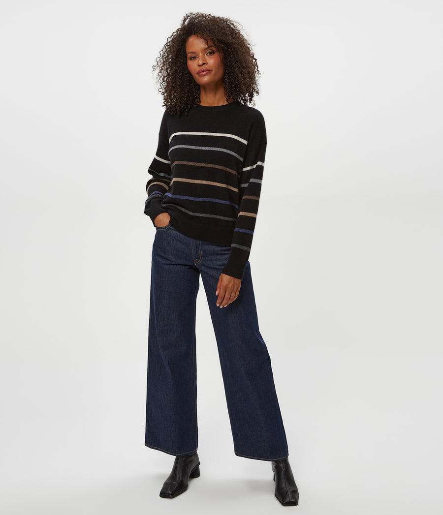 Celeste Striped Crewneck Cashmere Sweater in Black Full Body View #BLACK MULTI