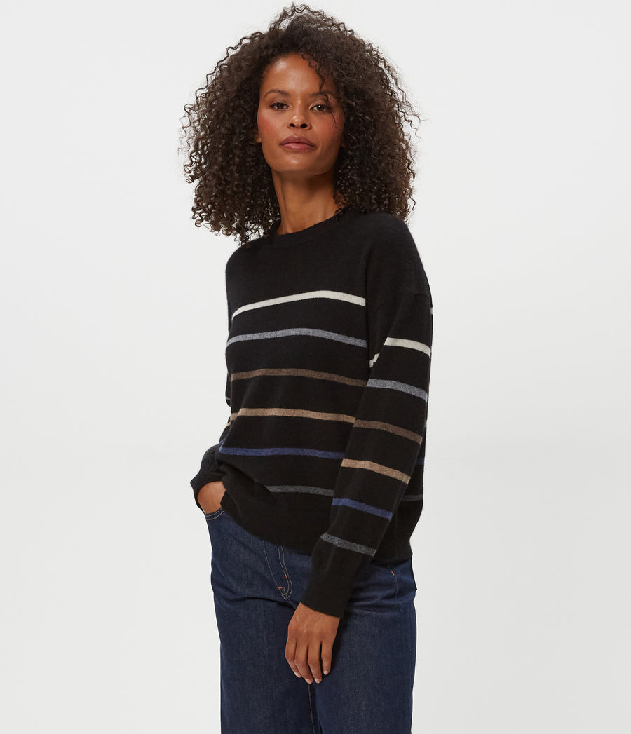 Celeste Striped Crewneck Cashmere Sweater in Black Side View #BLACK MULTI