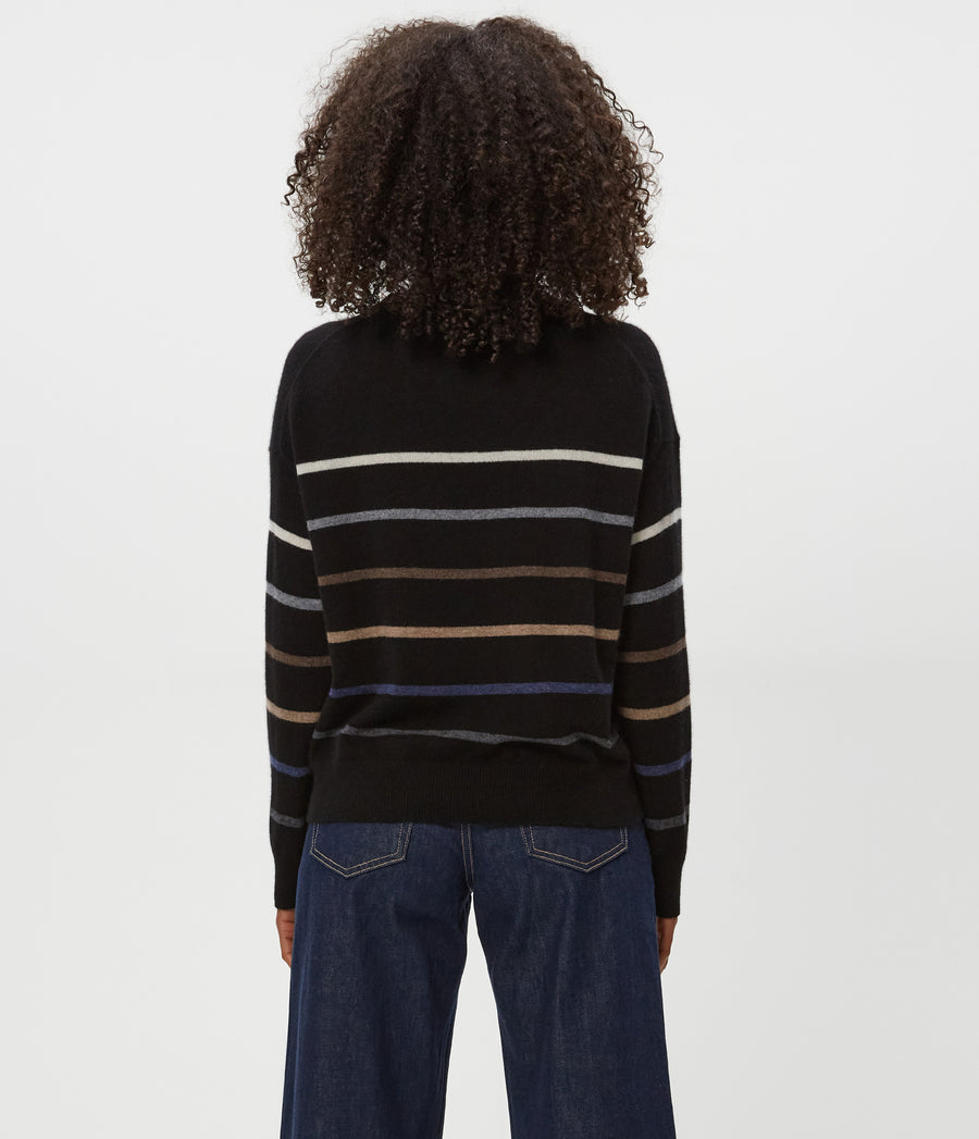 Celeste Striped Crewneck Cashmere Sweater in Black Back View #BLACK