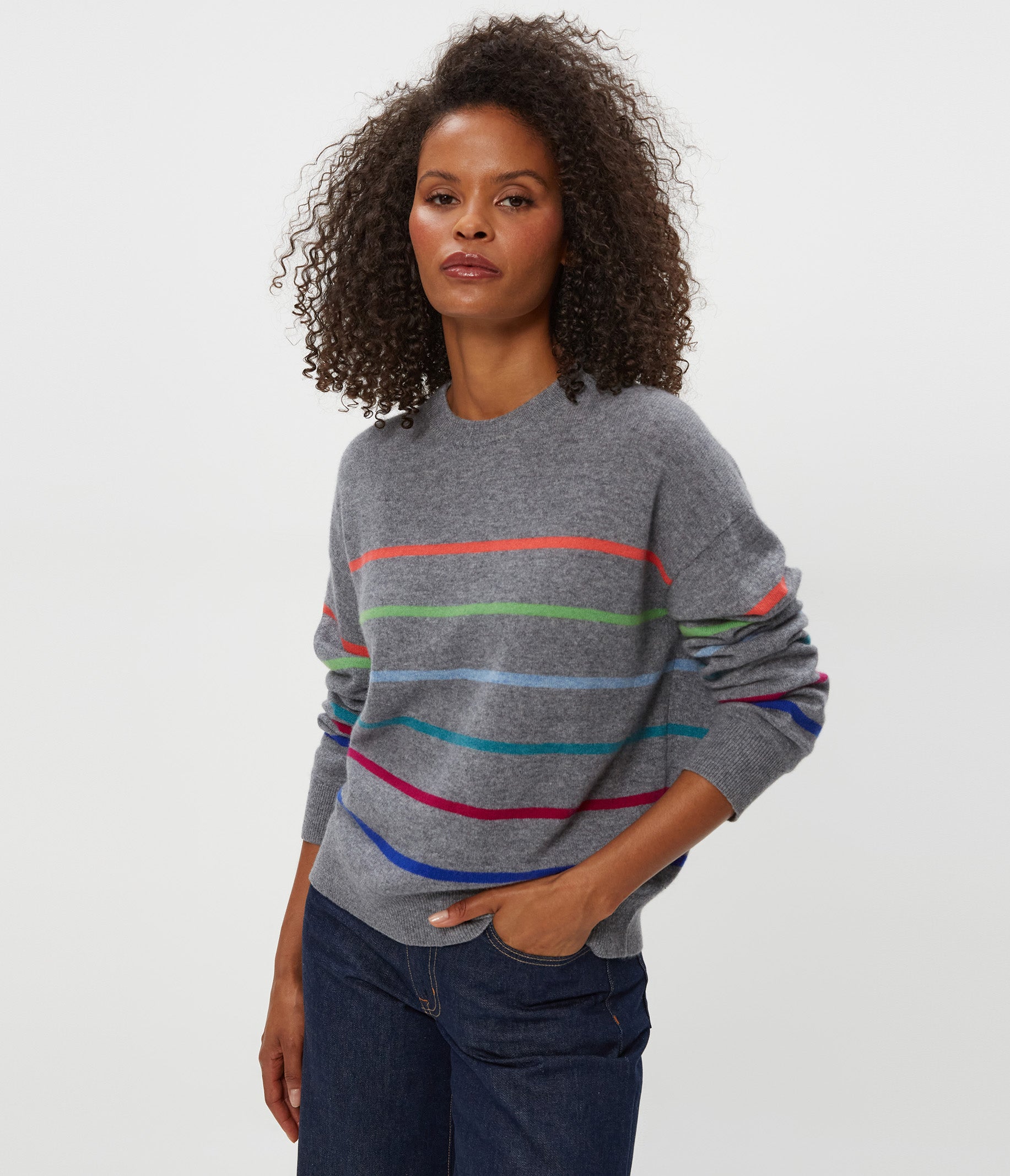 Women's Celeste Striped Crewneck Cashmere Sweater - Heather Grey Multi - Size XL - Michael Stars, image size:1833x2133