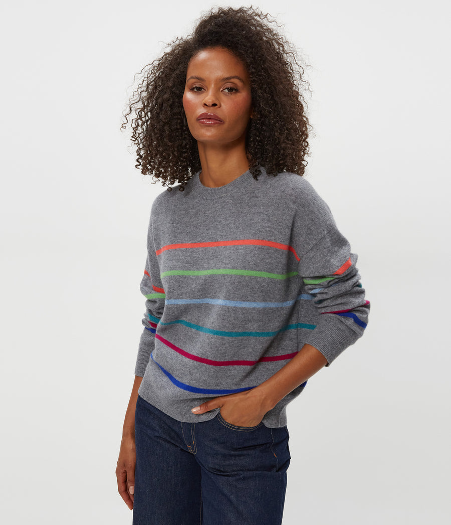 Celeste Striped Crewneck Cashmere Sweater in HEATHER GREY Gray Close Up View #HEATHER GREY MULTI