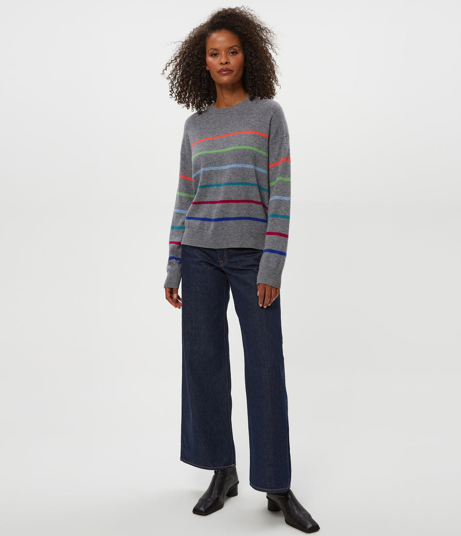 Celeste Striped Crewneck Cashmere Sweater in HEATHER GREY Gray Full Body View #HEATHER GREY MULTI