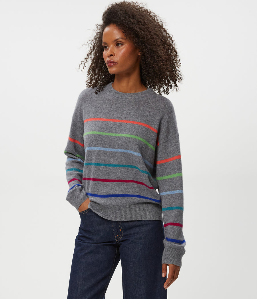 Celeste Striped Crewneck Cashmere Sweater in HEATHER GREY Gray Side View #HEATHER GREY MULTI