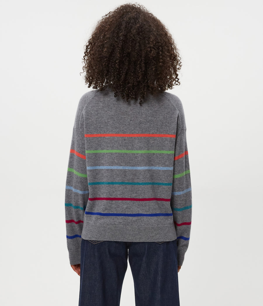 Celeste Striped Crewneck Cashmere Sweater in HEATHER GREY Gray Back Side View #HEATHER GREY MULTI