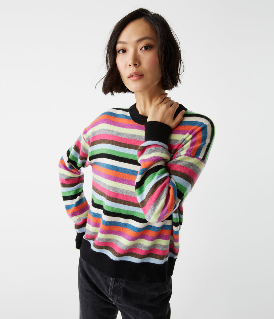 Celeste Striped Crew Neck Cashmere Sweater in MULTI Multi Close Up View #MULTI