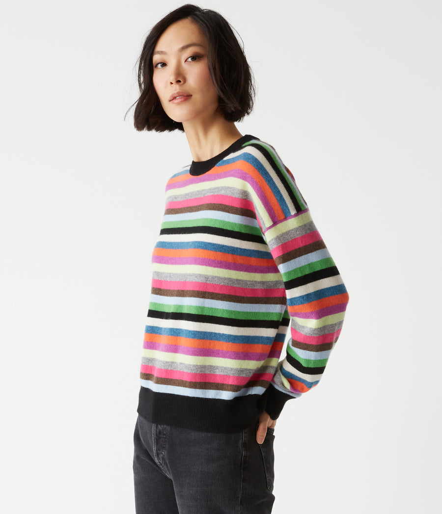 Celeste Striped Crew Neck Cashmere Sweater in MULTI Multi Side View #MULTI