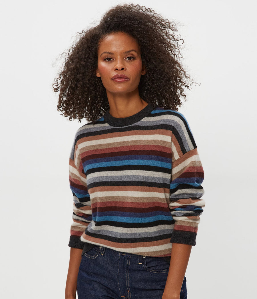 Celeste Striped Crewneck Cashmere Sweater in NATURAL MULTI Close up View #NATURAL MULTI