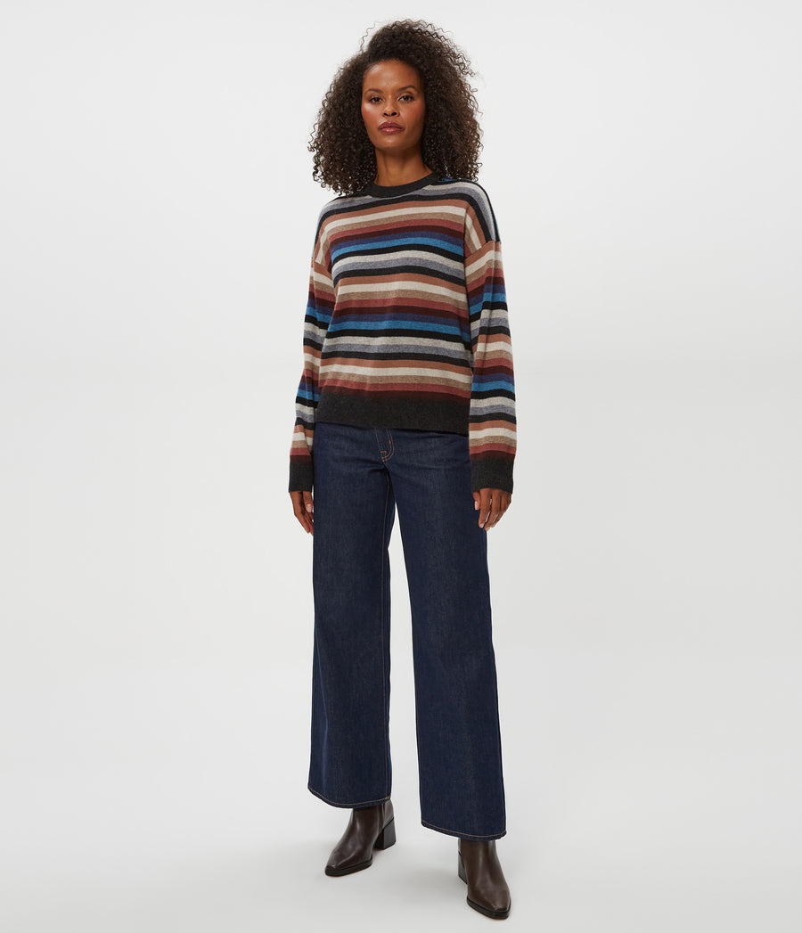 Celeste Striped Crewneck Cashmere Sweater in NATURAL MULTI Full Body View #NATURAL MULTI