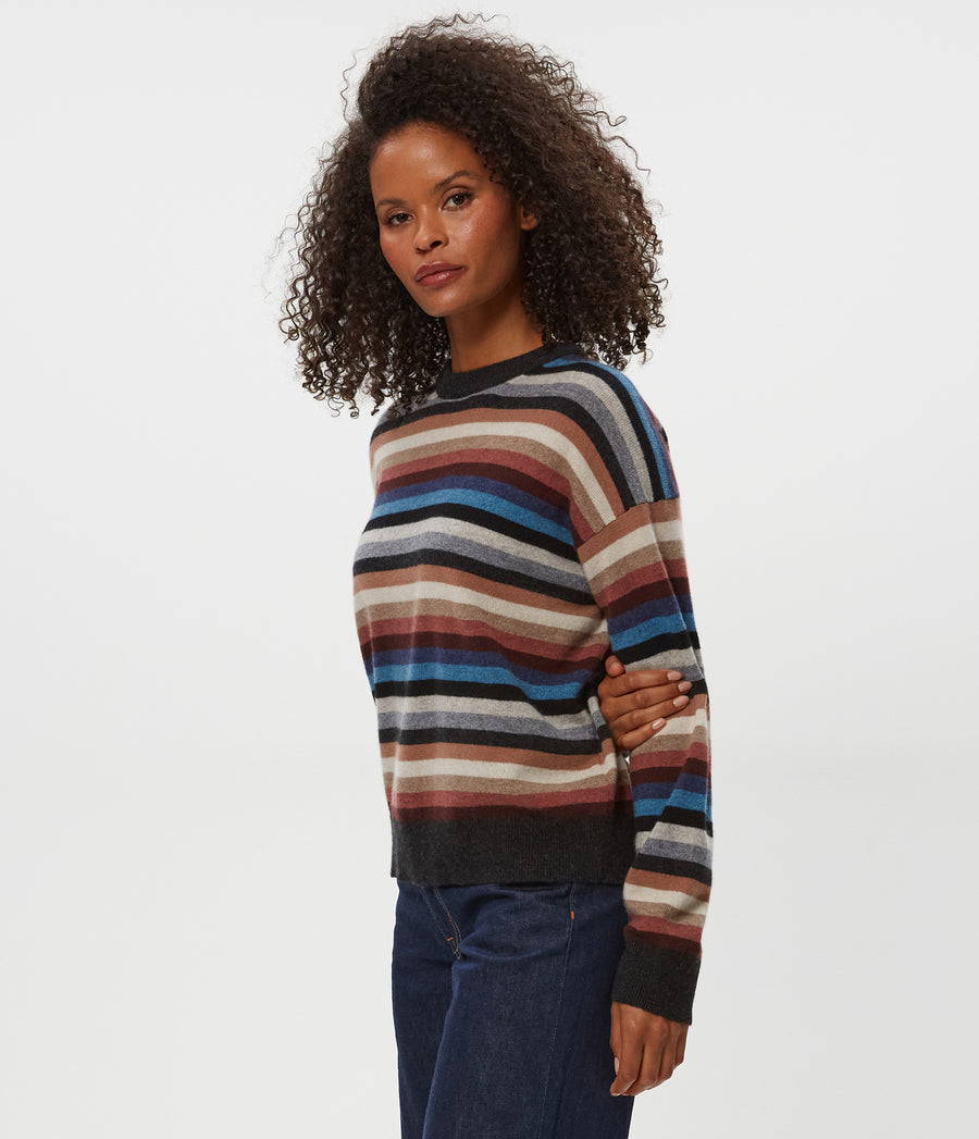 Celeste Striped Crewneck Cashmere Sweater in NATURAL MULTI Side View #NATURAL MULTI