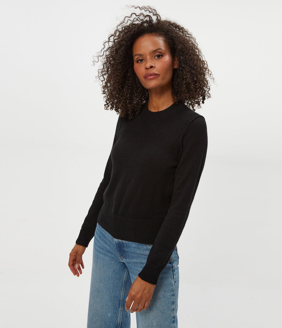 Sophie Crewneck Cashmere Sweater in Black Close up View #BLACK