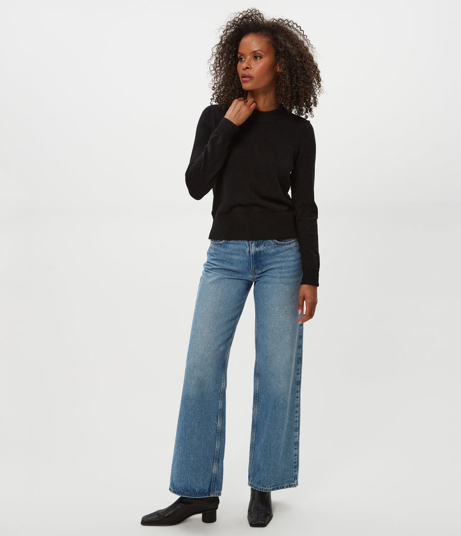 Sophie Crewneck Cashmere Sweater in Black Full Body View #BLACK